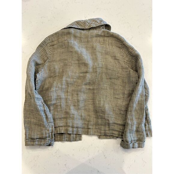 Flax button front blue cream checkered jacket collar small linen - Picture 5 of 7